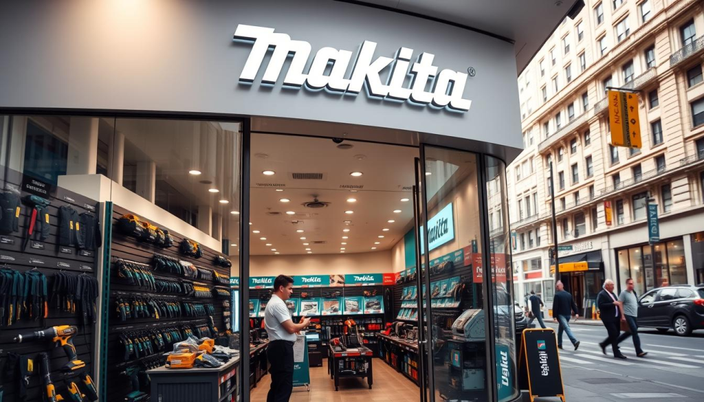 A bright, modern storefront with the Makita logo prominently displayed, framed by large display windows showcasing an array of power tools. The entrance is inviting, with a clean, well-organized layout and helpful staff greeting customers. The lighting is warm and natural, creating an atmosphere of professionalism and expertise. In the background, a bustling urban street with pedestrians and passing vehicles, suggesting the store's convenient location. The overall scene conveys a sense of reliability, quality, and a commitment to providing the best Makita tools and customer service.