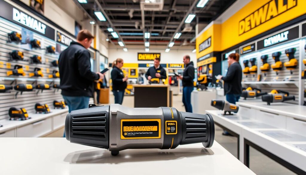 A bright, well-lit showroom interior showcasing various Dewalt Quickie Saw models prominently displayed on shelves and countertops. The foreground features a close-up of the saw itself, its sleek, compact design highlighted by carefully angled lighting. The middle ground shows sales associates assisting customers, discussing the saw's features and capabilities. The background depicts the store's branding and signage, establishing the setting as a reputable Dewalt retailer. The overall atmosphere is one of professionalism, quality, and customer service, reflecting the Dewalt brand and the section's focus on where to purchase the Quickie Saw.