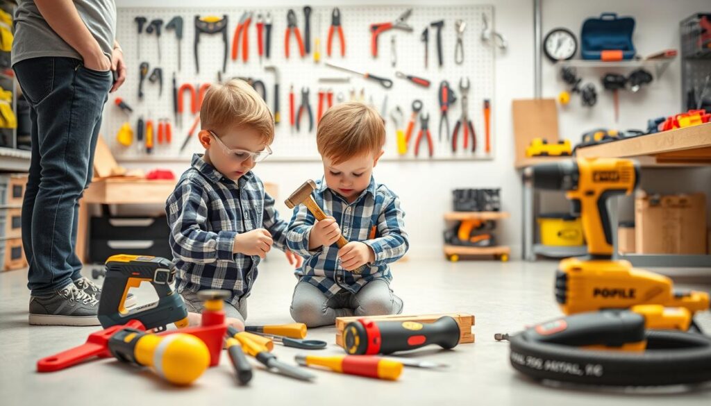 A bright, well-lit workshop scene with a young child surrounded by a set of age-appropriate DIY tools. The child is carefully handling a small hammer, concentrating intently, while an adult figure stands nearby, observing and providing guidance. In the background, a pegboard displays various kid-friendly tools like screwdrivers, pliers, and a small power drill. The floor is clean and organized, with a workbench and safety gear like goggles and gloves visible. The overall atmosphere is one of learning, discovery, and responsible tool usage, conveying the importance of developing practical skills and safety awareness from an early age.