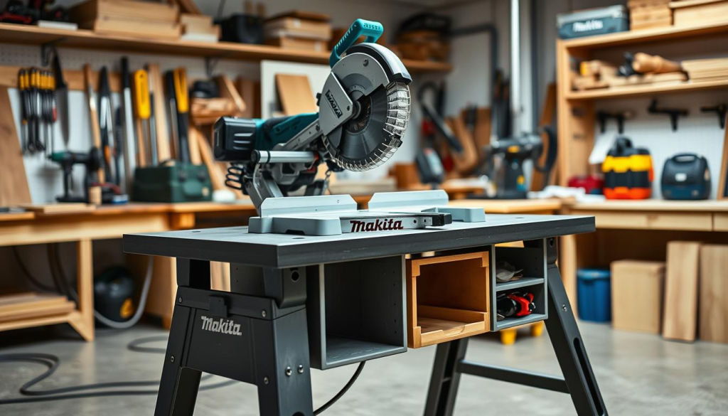 A brightly lit Makita miter saw stand in a well-equipped workshop. The stand is made of sturdy metal, with a smooth, flat work surface and adjustable legs for precise leveling. In the foreground, the miter saw is securely mounted, its powerful blade ready for precision cuts. The middle ground showcases the stand's integrated storage compartments, neatly organizing saw accessories and tools. The background features a clean, organized workspace, with shelves displaying a variety of woodworking equipment, suggesting a professional, meticulously maintained environment. The overall scene conveys a sense of efficiency, attention to detail, and the perfect setup for a dedicated woodworker.