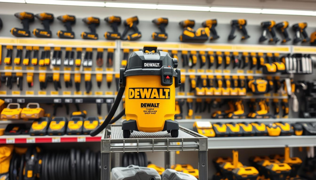 A brightly lit retail display showcasing a rugged DEWALT 5 Gallon Shop Vac, prominently placed on a sturdy metal shelf. The vacuum's sleek black and yellow design stands out amidst a neatly organized array of similar tools and accessories. The scene is captured from a slightly elevated angle, providing a clear view of the product's features and branding. The lighting is crisp and natural, casting subtle shadows that accentuate the Vac's solid construction. The background features the clean, uncluttered environment of a well-stocked hardware or home improvement store, inviting the viewer to envision where they might find and purchase this essential workshop companion.