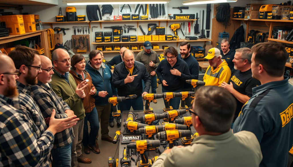 A bustling community of DEWALT power tool enthusiasts gathers in a well-lit workshop, surrounded by a diverse array of their cherished tools. In the foreground, a group of DIYers and professionals animatedly discuss the latest innovations, their hands gesturing towards the expertly crafted DEWALT products. The middle ground showcases a display of the iconic DEWALT yellow and black power tools, each gleaming under warm, directional lighting, inviting closer inspection. In the background, shelves and workbenches showcase the breadth of the DEWALT ecosystem, from hand tools to accessories, all meticulously organized. The atmosphere is one of camaraderie, shared passion, and a deep appreciation for the quality and performance that DEWALT tools are known for.
