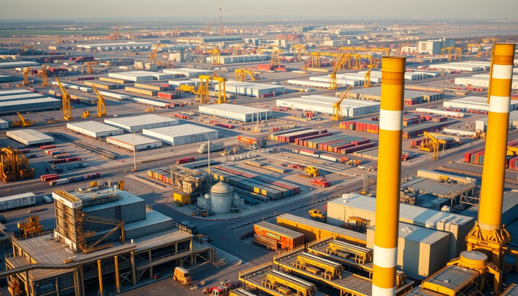 A bustling industrial landscape, showcasing the strategic manufacturing locations of DEWALT tools. In the foreground, a modern factory complex with gleaming metal facades and towering smokestacks, bathed in warm, golden lighting. In the middle ground, rows of warehouses and distribution centers, their efficient layouts and automated systems on full display. In the background, a network of transportation hubs - highways, railways, and shipping ports - connecting these manufacturing powerhouses to global markets. The scene conveys a sense of precision, productivity, and technological innovation that embodies the DEWALT brand. Captured with a wide-angle lens to emphasize the scale and interconnectedness of the company's manufacturing operations.