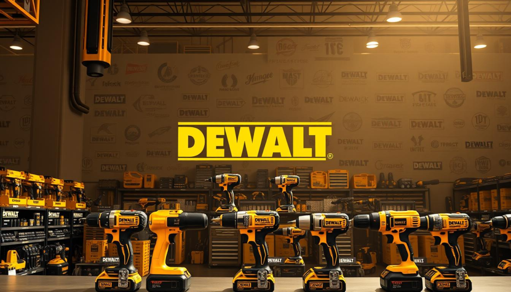 A bustling industrial landscape with a towering DEWALT logo taking center stage, surrounded by the silhouettes of competing power tool brands. In the foreground, a well-lit display of DEWALT's latest cordless drill and impact driver sets, their sleek designs and vibrant yellow accents drawing the eye. The middle ground is filled with a sea of workshop shelves stocked with an array of DEWALT tools, their durability and performance evident. In the background, a shadowy panorama of other major tool manufacturers, their logos and product lines hinting at the fierce competition within the power tool industry. The scene is bathed in a warm, directional lighting, casting dramatic shadows and highlighting the rugged, professional nature of the DEWALT brand.