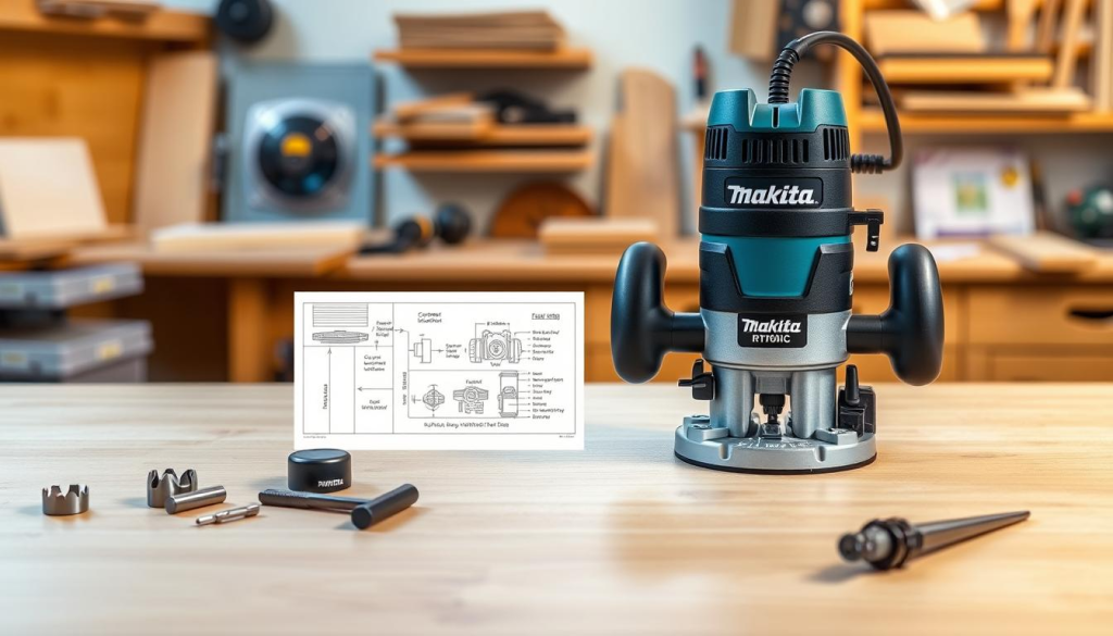A clean, well-lit workbench with a Makita RT0701C compact router in the foreground, its sleek black and teal body prominently displayed. The router is positioned on a smooth wooden surface, surrounded by essential accessories like router bits, a depth gauge, and an adjustment wrench. In the middle ground, a detailed technical diagram showcases the various components and settings of the router, allowing the viewer to understand its setup and configuration. The background features a warm, softly-lit workshop environment, with shelves of woodworking tools and materials, creating a sense of a professional, well-equipped workspace.