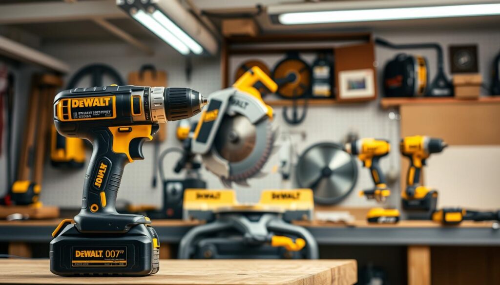 A clean, well-lit workshop filled with an array of DeWalt 007 power tools. In the foreground, a cordless drill with a sleek black body and yellow accents sits on a workbench, its battery pack gleaming. In the middle ground, a miter saw with a large, precision-crafted blade stands ready to tackle intricate woodworking projects. In the background, a compact, cordless circular saw and an impact driver are neatly arranged, their yellow and black design complementing the overall aesthetic. The lighting, soft and even, casts a warm glow over the scene, emphasizing the quality and versatility of the DeWalt 007 line.