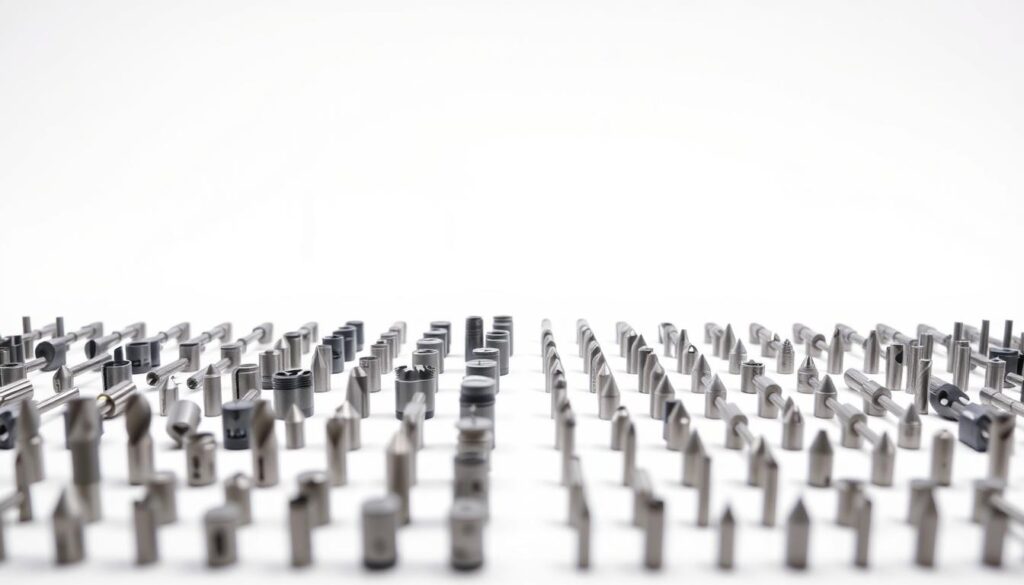 A close-up comparison of DeWalt and Milwaukee power tool bits, meticulously arranged against a crisp white background. In the foreground, the bits are displayed in an orderly grid, showcasing their unique shapes, sizes, and textures. The middle ground features a subtle drop shadow, lending depth and dimension to the arrangement. In the background, a softly lit studio setting with a clean, minimalist aesthetic creates a professional, technical atmosphere. The lighting is natural and evenly distributed, highlighting the fine details and subtle differences between the two brands of bits. The overall composition conveys a sense of precision, attention to detail, and a side-by-side evaluation of the key features that distinguish DeWalt and Milwaukee power tool bits.