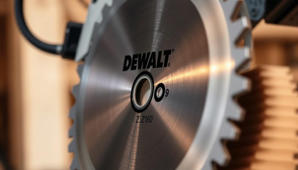 A close-up, high-quality photograph of a DEWALT Z160 saw blade in action, cutting through a piece of wood with precision and power. The blade is sharp and gleaming, slicing cleanly through the material, showcasing its impressive cutting performance. The scene is well-lit, with a slight warm tone to accentuate the industrial aesthetic. The background is blurred, keeping the focus on the blade and the wood being cut. The overall composition is balanced and visually striking, highlighting the benefits of using a DEWALT Z160 blade for your woodworking or construction needs.