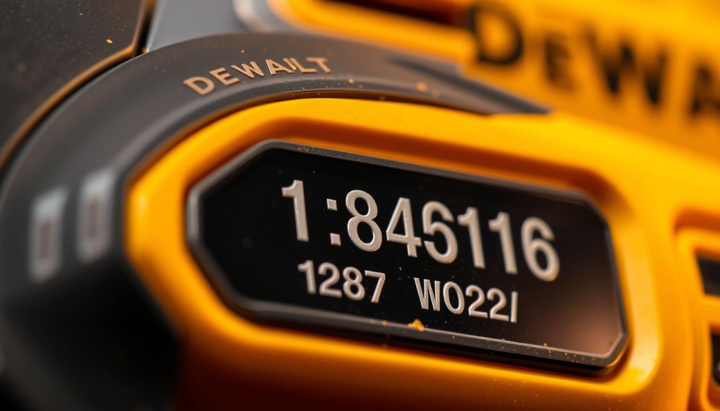 A close-up, high-resolution image of a DeWALT power tool's date code label, showcasing the numeric and alphabetic characters that indicate the manufacturing date. The label is illuminated by warm, directional lighting, emphasizing the crisp details and textures of the plastic surface. The background is blurred, keeping the focus on the label itself, which is set against a neutral, muted color palette to make the information stand out clearly. The image captures the essential information a user would need to decipher a DeWALT product's manufacturing date, aligning with the "Tips for Reading DeWALT Date Codes" section of the article.