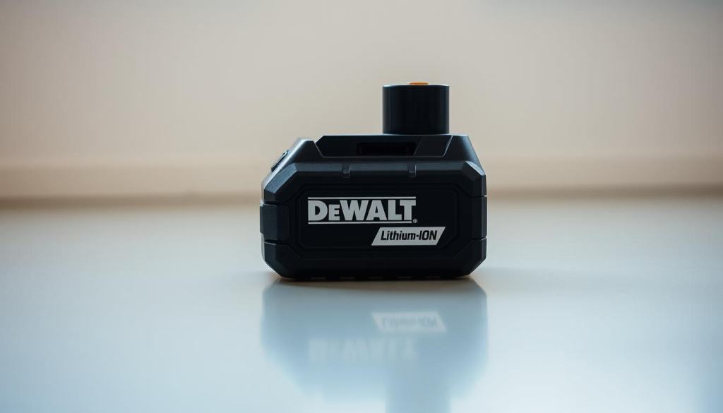 A close-up, high-resolution image of a DeWalt lithium-ion battery pack. The battery is positioned in the center of the frame, resting on a flat, reflective surface that showcases its sleek, angular design. The battery's surface has a matte black finish, with the DeWalt logo prominently displayed. The lighting is soft and diffused, creating subtle shadows that accentuate the battery's form. The background is slightly blurred, creating a sense of depth and focus on the battery. The overall mood is one of technical precision and reliability, reflecting the high-quality engineering of the DeWalt brand.