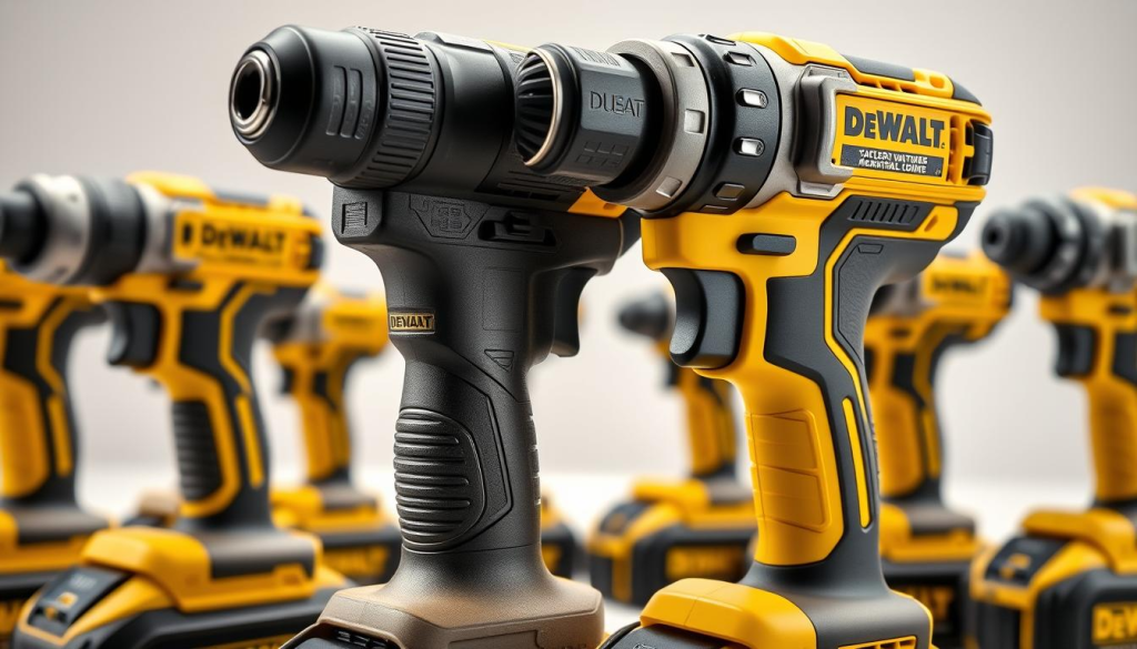 A close-up, high-resolution image of several DEWALT cordless drills showcasing their waterproof features. The drills are arranged in the foreground, displaying their sturdy, rubberized grip handles and battery packs. The middle ground features a detailed view of the drill chuck, trigger, and power buttons, emphasizing the waterproof seals and rugged construction. The background is a clean, neutral environment with soft, directional lighting that accentuates the drills' sleek, black and yellow color scheme. The overall composition conveys the durability and reliability of DEWALT's cordless drill line, highlighting the models' waterproof capabilities.