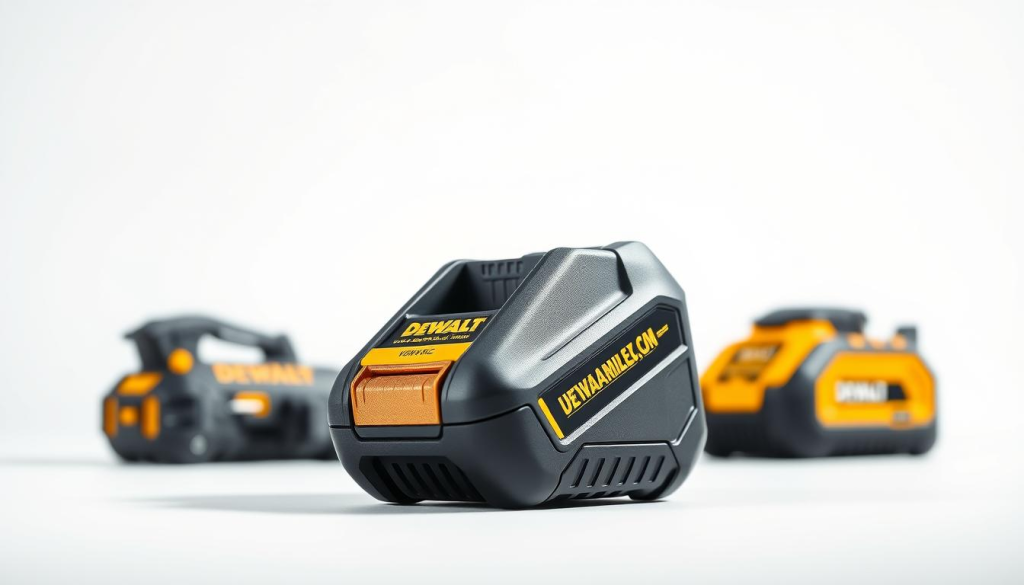 A close-up, high-resolution photograph of a DEWALT USB-C charger set against a clean, minimalist white background. The charger is positioned in the center of the frame, showcasing its sleek, angular design and durable construction. Bright, directional lighting illuminates the charger, highlighting its metallic accents and creating crisp shadows that accentuate its form. The image has a professional, product-focused aesthetic, conveying the power and reliability of the DEWALT charging device. Subtle hints of compatible DEWALT tools or devices are visible in the background, suggesting the charger's broad compatibility within the DEWALT ecosystem.