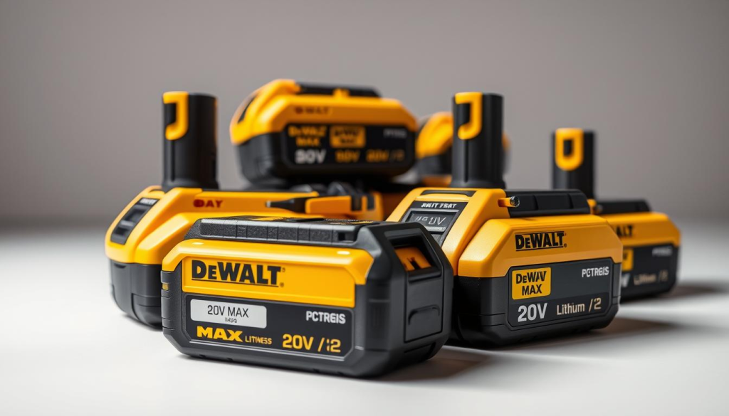 A close-up, high-resolution photograph of several DeWalt 20V MAX Lithium-Ion batteries, captured in a well-lit studio setting with a clean, minimalist background. The batteries are displayed from various angles, showcasing their sleek, modern design with the distinctive DeWalt logo prominently featured. The lighting emphasizes the batteries' metallic accents and the vibrant colors of the yellow and black casings. The image conveys the strength, durability, and reliability of these high-performance power sources, highlighting the key advantages of DeWalt's lithium-ion battery technology.