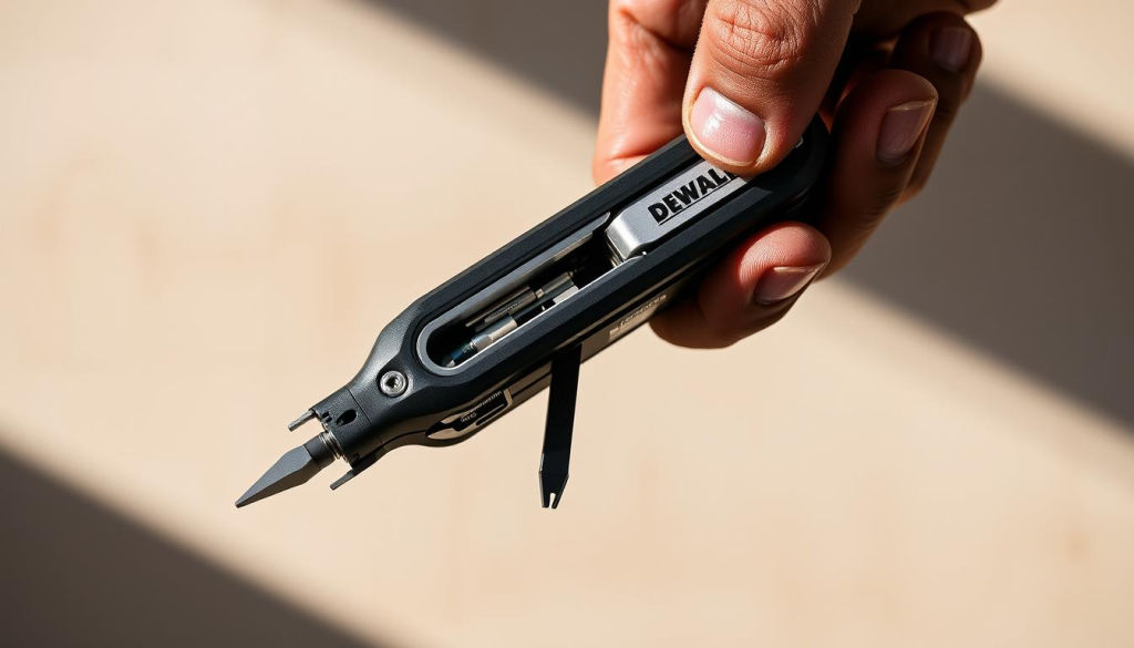 A close-up, highly detailed image of the DEWALT 5-in-1 multi-tool in use, showcasing its key features. The tool is held in a skilled worker's hand, casting natural shadows on a clean, neutral background. Illumination is soft and diffused, highlighting the tool's sleek, matte-black metal chassis and chrome accents. The frame captures the tool's sliding parts, interchangeable heads, and ergonomic grip, emphasizing its versatility and compact convenience. The composition is arranged to direct the viewer's attention to the tool's functionality and utility, conveying a sense of professionalism and problem-solving.