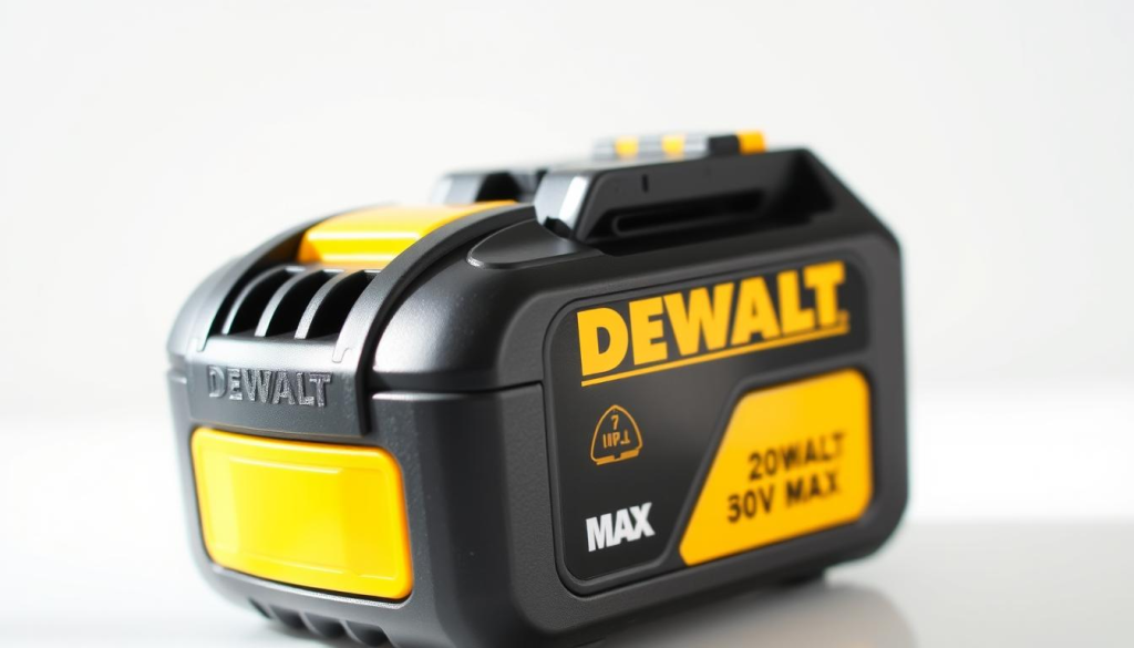 A close-up image of a DEWALT 20V MAX lithium-ion battery pack, captured in natural studio lighting. The battery is positioned prominently in the foreground, with a clean, minimalist background that showcases its sleek, black and yellow design. The image should convey a sense of quality, durability, and the cost associated with a genuine DEWALT replacement battery. Careful attention should be paid to the details of the battery's construction, such as the textured grip, the label, and the terminal connections, to provide a clear and informative visual reference for the article's readers.