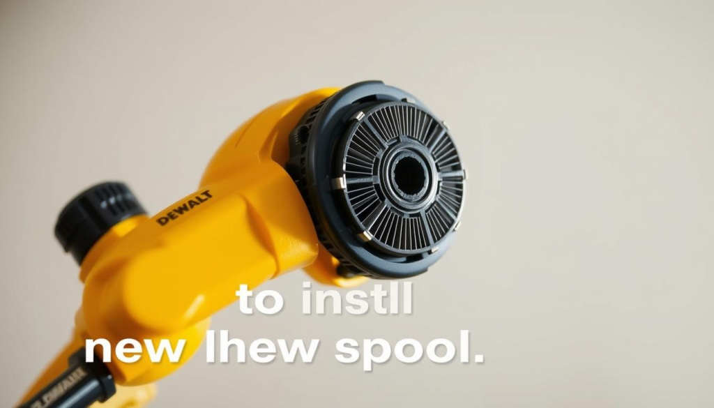 A close-up image of a DEWALT Quickload string trimmer head in high detail, with the spool and cutting line prominently displayed against a clean, well-lit background. The head should be positioned at a slight angle, allowing for a clear view of the spool loading mechanism and any key features. The lighting should be soft and diffuse, creating a sense of depth and dimension. The overall mood should be informative and instructional, guiding the viewer on the process of installing a new spool head.