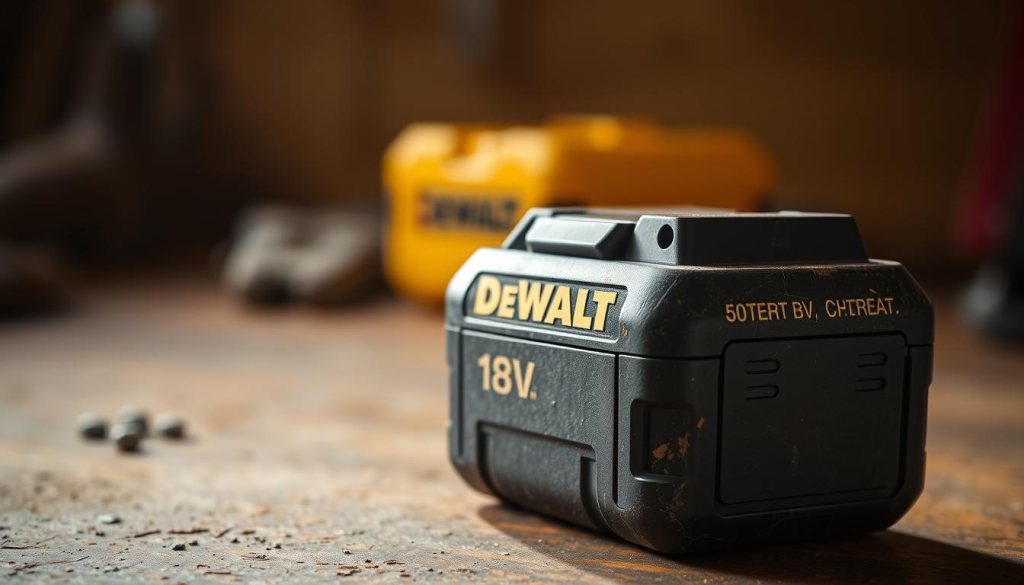 A close-up of a DeWalt 18V cordless power tool battery with a worn exterior, resting on a worn workbench. Soft, warm lighting illuminates the battery from the side, casting gentle shadows. The background is slightly out of focus, creating a sense of depth and emphasis on the battery. The image conveys a sense of familiarity and reliance, reflecting the user's experiences with this trusted tool over time.