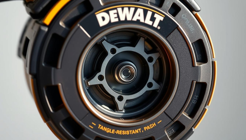 A close-up of a DeWalt Quick Load spool, its internal mechanism exposed for troubleshooting. Crisp, high-resolution details showcase the spool's intricate design, with the tangle-resistant line path and tension-adjusting components clearly visible. Soft, natural lighting illuminates the spool, creating subtle shadows and highlights that emphasize its engineering. The image is framed to fill the frame, placing the spool in the center of attention, surrounded by a clean, neutral background that allows the product to be the focal point. The overall mood is one of technical precision and attention to detail, reflecting the spool's reliable performance.