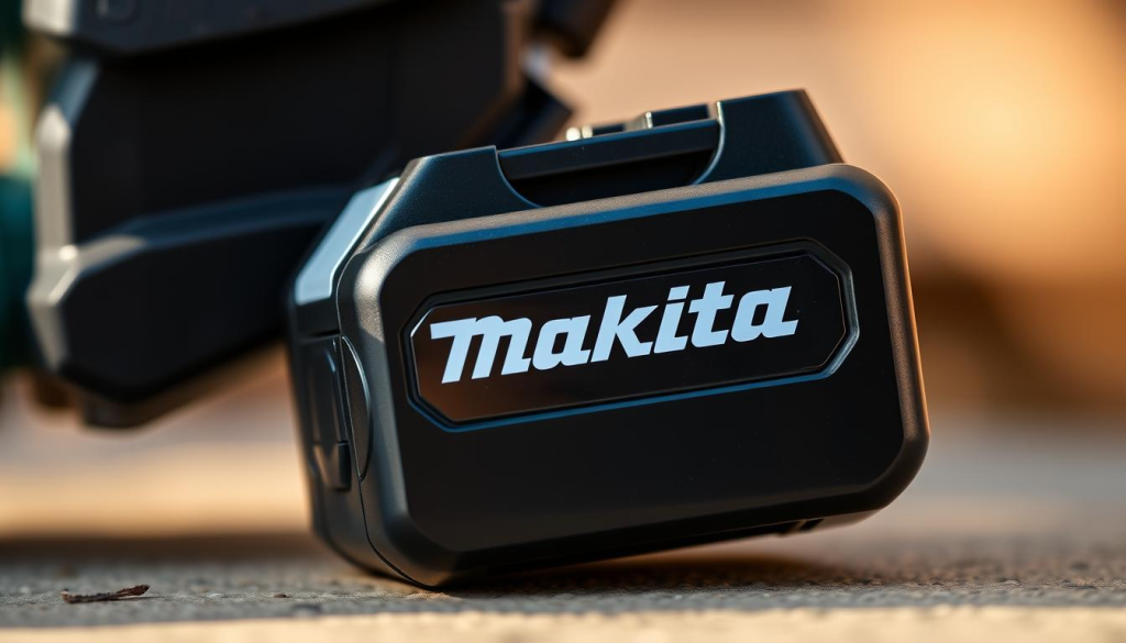 A close-up of a Makita 18V cordless hedge trimmer battery, illuminated by soft, natural lighting. The battery's sleek, black casing is highlighted, revealing its contoured design and the Makita logo. The image showcases the battery's compact size and sturdy construction, conveying its power and reliability. The background is blurred, placing the focus solely on the battery's intricate details and features. The mood is one of precision and technical excellence, reflecting the battery's role in powering the efficient Makita 18V cordless hedge trimmer.