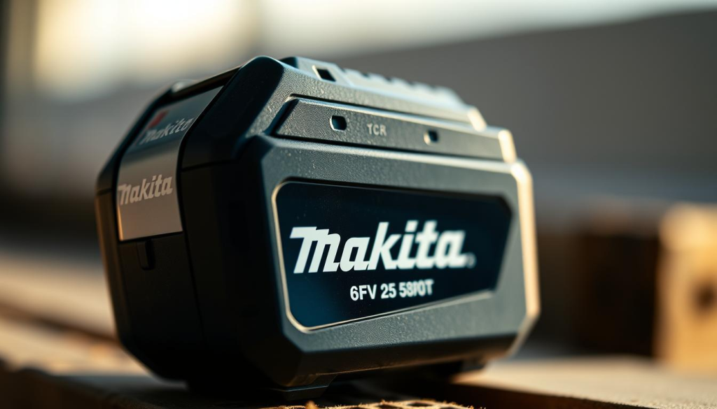 A close-up of a Makita light battery pack, its digital display clearly showing the remaining battery life. The battery is positioned at a slight angle, creating dynamic shadows and highlights that accentuate its detailed construction and premium finish. The lighting is soft and natural, with a warm color temperature that suggests a worksite setting. The background is blurred, keeping the focus on the battery and allowing it to stand out as the central subject. The overall composition and lighting combine to convey a sense of quality, reliability, and technical precision - key attributes of the Makita brand.