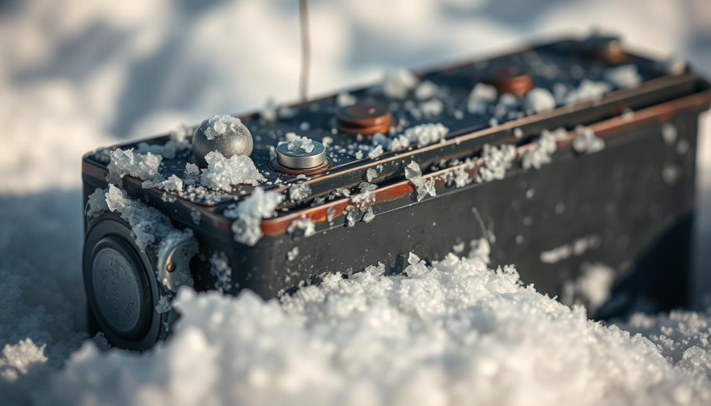 A close-up of a battery in a cold, snowy environment, with frost and ice crystals forming on its surface, illustrating the impact of low temperature on battery performance. The battery is slightly worn, reflecting its age and usage. The foreground is in sharp focus, drawing the viewer's attention to the detailed texture and deterioration of the battery casing. The background is blurred, creating a sense of depth and emphasizing the battery as the central subject. Soft, diffused lighting casts subtle shadows, giving the image a contemplative, almost melancholic tone.
