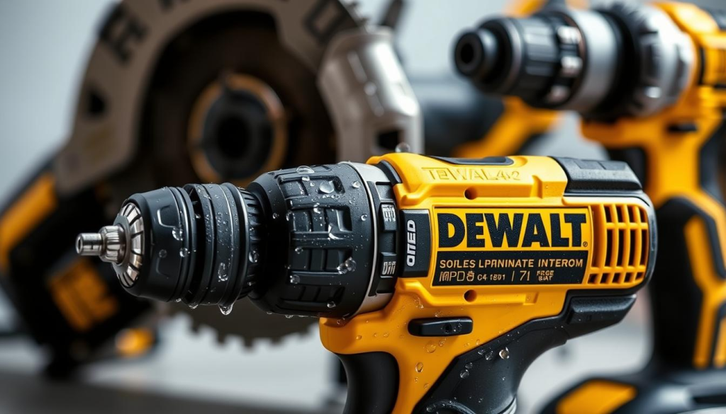 A close-up of a set of DEWALT cordless power tools, including a drill, showcasing their waterproof features. The drill is positioned in the foreground, with water droplets glistening on its surface, highlighting its water-resistant design. The middle ground features additional DEWALT tools, such as a reciprocating saw and an impact driver, all with a similar waterproof aesthetic. The background is blurred, creating a sense of depth and focus on the tools. The lighting is soft and natural, emphasizing the sleek, durable construction of the DEWALT products. The overall mood is one of ruggedness and reliability, perfectly suited for the "User Tips for Protecting Your Drill" section of the article.