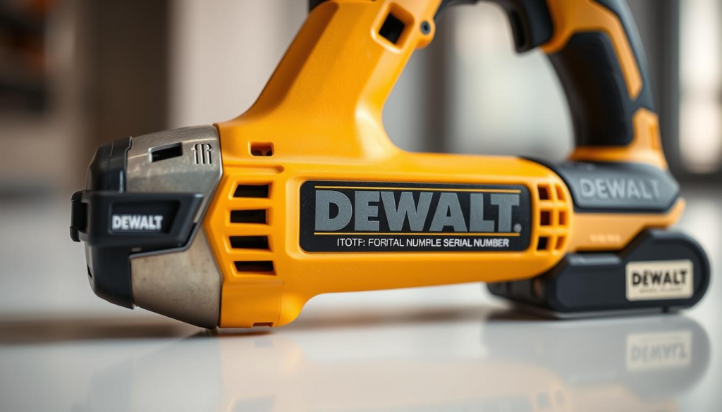 A close-up photograph of a DEWALT power tool, showcasing the location of the serial number. The tool is positioned on a clean, well-lit surface, with a soft, diffused lighting source illuminating the details. The camera angle is slightly elevated, providing a clear view of the serial number label and its placement on the tool's body. The image has a sharp focus, capturing the fine texture and branding elements of the DEWALT design. The overall tone is professional and informative, emphasizing the importance of locating the serial number for product identification and verification purposes.