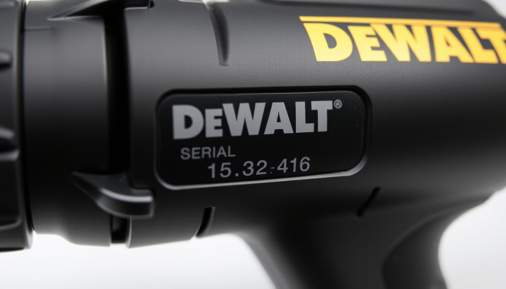 A close-up photograph of a DeWALT power tool, its metallic body glistening under bright, evenly-diffused lighting. The tool's serial number and date code are prominently featured, clearly visible against the matte black surface. The image is captured at a slight angle, allowing the viewer to appreciate the tool's ergonomic design and attention to detail. The background is clean and uncluttered, keeping the focus solely on the tool and its important manufacturing information.