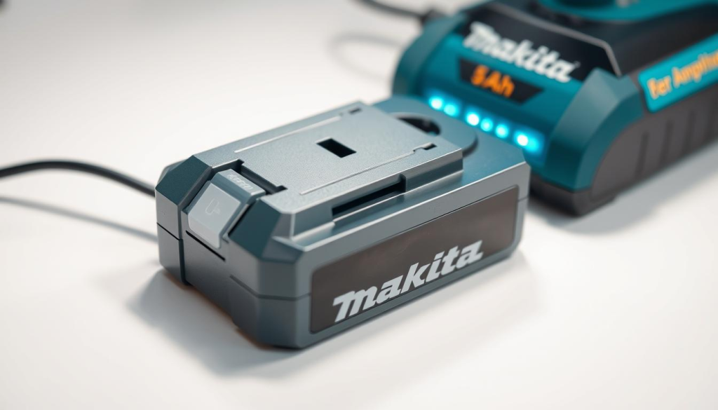 A close-up photograph of a Makita 5Ah battery being charged. The battery is resting on a clean, white surface, bathed in soft, even lighting that highlights its sleek, gray casing. The charging port is clearly visible, connected to a Makita rapid charger with its LED indicators glowing softly. The overall scene conveys a sense of technological efficiency and power, reflecting the battery's robust capabilities. The camera angle is slightly elevated, creating a sense of focus and attention on the charging process.