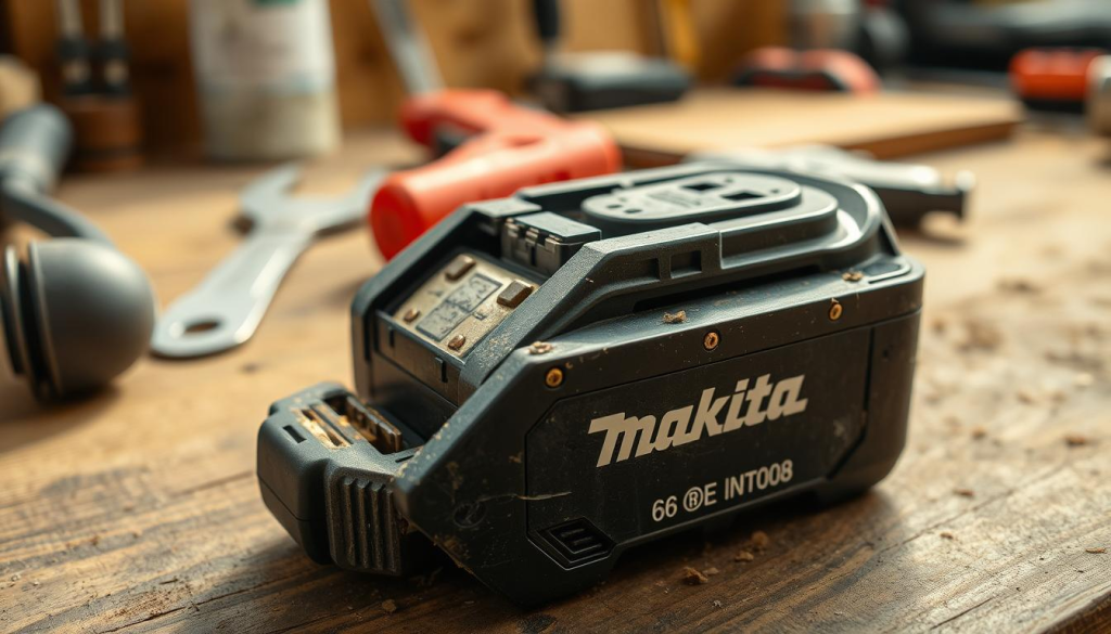 A close-up photograph of a worn-out Makita power tool battery, sitting atop a wooden workbench. The battery is partially disassembled, revealing its internal components. The foreground is in sharp focus, showcasing the details of the battery's housing, terminals, and cell structure. The middle ground features tools and workshop items, hinting at the battery's usage context. The background is softly blurred, creating a sense of depth and emphasizing the battery as the main subject. Warm, natural lighting casts subtle shadows, enhancing the textures and highlighting the wear and tear on the battery's surface. The overall mood is one of technical examination, conveying the signs of a battery in need of replacement.