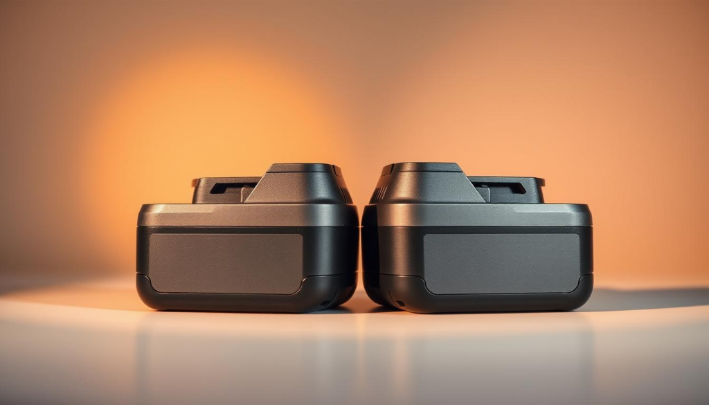 A close-up photograph of two interchangeable power tool batteries side by side, casting warm, diffused lighting across a minimalist, reflective surface. The batteries are sleek and modern in design, their metallic exteriors gleaming under the soft illumination. The composition emphasizes the seamless compatibility and interchangeability between the two batteries, highlighting the benefits of using compatible power sources for various tools. The overall mood is one of functional elegance, showcasing the practical advantages of using interchangeable batteries in a clean, well-lit studio setting.
