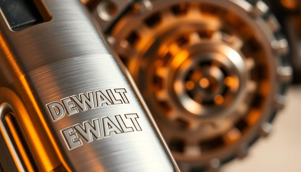 A close-up shot of DEWALT's high-grade power tool components, meticulously crafted from durable, corrosion-resistant materials. The foreground showcases a sleek, brushed metal housing, its surface etched with the iconic DEWALT logo. In the middle ground, intricate gears and bearings glint under the warm, directional lighting, conveying a sense of precision engineering. The background fades into a soft, neutral tone, allowing the engineering details to take center stage. The overall mood is one of quality, reliability, and attention to detail - qualities that justify DEWALT's premium pricing in the power tool market.