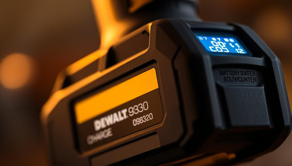A close-up shot of a DEWALT 09320 battery pack, illuminated by a soft, warm light. The battery's rugged casing is highlighted, showcasing its durable construction. The digital display on the battery shows the remaining charge level, providing a clear indication of its current state of power. The background is subtly blurred, keeping the focus on the battery's details. The overall composition conveys a sense of reliability and high performance, aligning with the "DEWALT 09320 Screwdriver: Durable, Versatile Power Tool" article and the "Battery Life and Performance" section.
