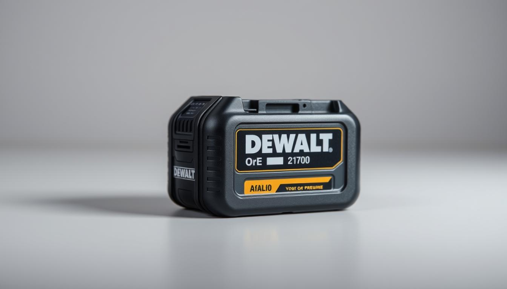 A close-up shot of a DEWALT 21700 battery in a well-lit studio environment. The battery is placed on a neutral-colored surface, allowing its distinctive features to take center stage. The image captures the battery's sleek, cylindrical design with precision, showcasing the DEWALT logo and branding prominently. Subtle reflections and highlights accentuate the battery's metallic casing, conveying its robust and high-quality construction. The lighting is carefully positioned to create a sense of depth and dimension, emphasizing the battery's shape and size. The overall composition is clean, focused, and tailored to highlight the key details that would allow the reader to easily identify a genuine DEWALT 21700 battery.