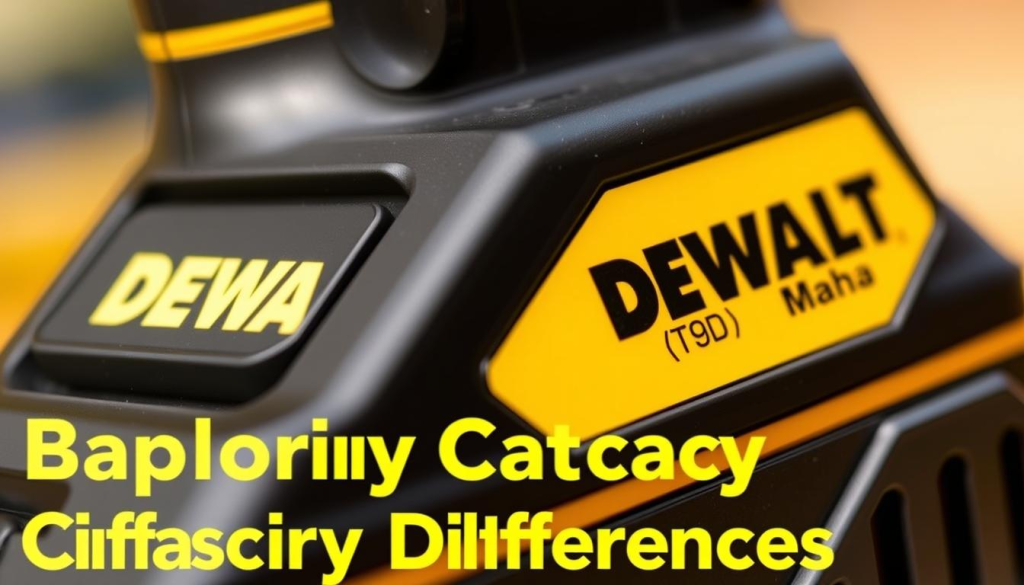 A close-up shot of a DEWALT battery pack, its sleek black casing and yellow accents capturing the essence of the brand. The battery's capacity is prominently displayed, showcasing the specific milliamp-hour (mAh) rating in a bold, readable font. The image is captured in a warm, natural lighting, with a slightly blurred background to emphasize the battery as the central focus. The composition is clean and minimal, allowing the battery's technical details to take center stage, reflecting the section's title "Exploring Battery Capacity Differences".