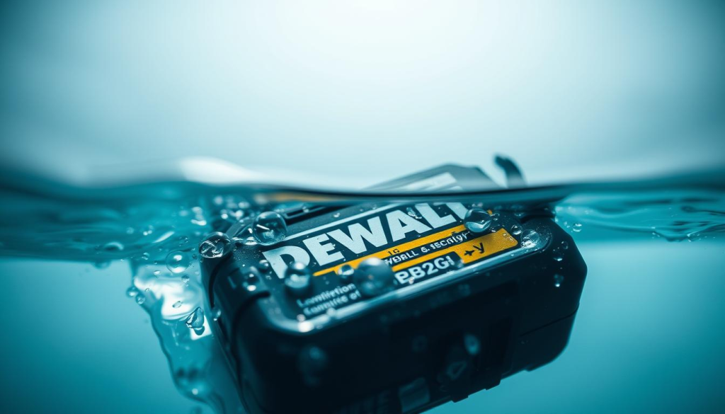 A close-up shot of a DEWALT battery submerged in clear, glistening water. The battery's exterior is partially obscured, with water droplets clinging to its surface, creating a sense of liquid intrusion. The background is blurred, allowing the viewer to focus on the battery's interaction with the water. Subtle lighting from above casts a soft, diffused glow, highlighting the translucent quality of the water and the battery's metallic casing. The overall mood conveys a sense of concern and curiosity about the potential impact of water exposure on the battery's performance.