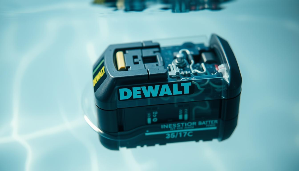 A close-up shot of a DEWALT battery submerged in clear water, showcasing the internal components and construction. The battery is positioned centrally, with a shallow depth of field blurring the background. Soft, diffused lighting illuminates the scene, casting gentle reflections on the water's surface. The image conveys a sense of transparency and detailed examination, highlighting the battery's resilience and the misconceptions surrounding its water exposure.