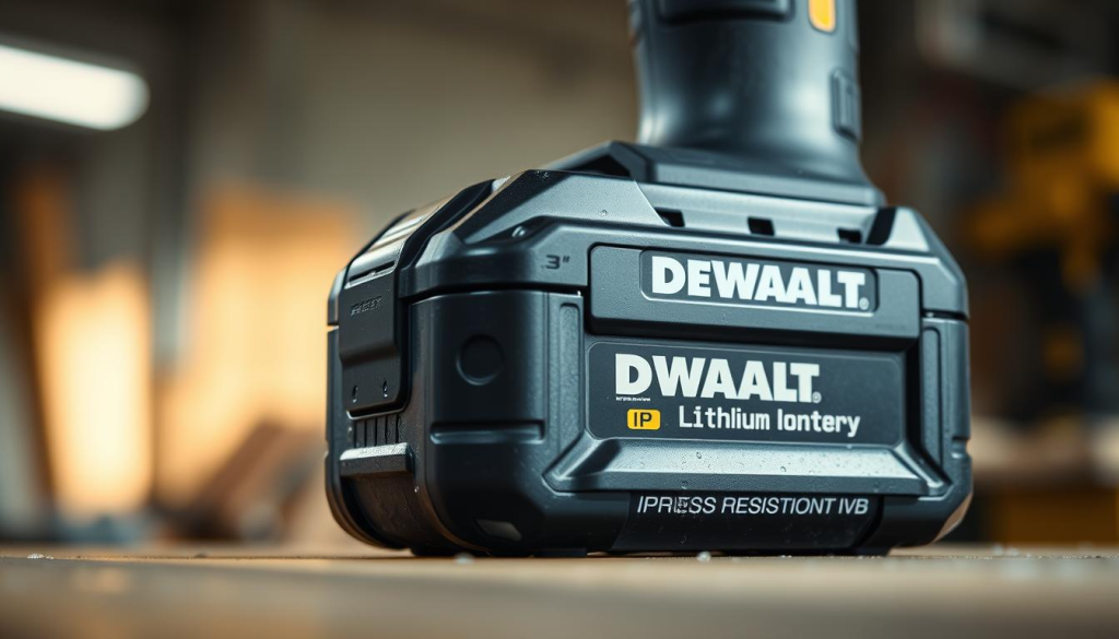 A close-up shot of a DEWALT lithium-ion battery pack, its water-resistant housing gleaming under soft, directional lighting. The battery's durable construction is clearly visible, with a matte black finish and prominent branding. In the background, a blurred, out-of-focus environment suggests a workshop or construction site, hinting at the battery's intended rugged use. The image conveys the battery's IP (Ingress Protection) rating, highlighting its ability to withstand water and dust, essential for reliable performance in demanding environments.