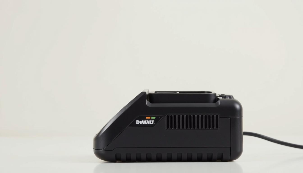 A close-up shot of a DeWalt battery pack charger against a clean, well-lit backdrop. The charger is positioned in the foreground, showcasing its sleek, industrial design with clear details of the charging ports, LED indicators, and heat dissipation vents. The middle ground features a simple, minimalist setting, possibly with a solid-colored wall or a softly blurred background, allowing the charger to be the focal point. The lighting is soft and even, creating a sense of professionalism and product presentation. The overall mood is one of technical precision and utility, reflecting the importance of choosing the right charger for one's power tool needs.