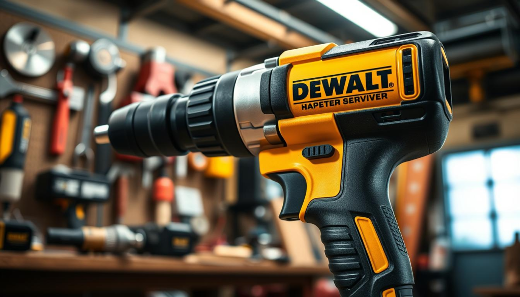 A close-up shot of a DeWalt impact driver power tool in a well-lit, industrial workshop setting. The driver is in focus, with its brushed metal body and ergonomic grip prominently displayed. The background is slightly blurred, showcasing various workshop tools and equipment, conveying a sense of utility and functionality. Bright, directional lighting casts dramatic shadows, highlighting the power and precision of the impact driver. The overall composition emphasizes the driver's sturdy, professional-grade construction and its potential for practical, hands-on applications.