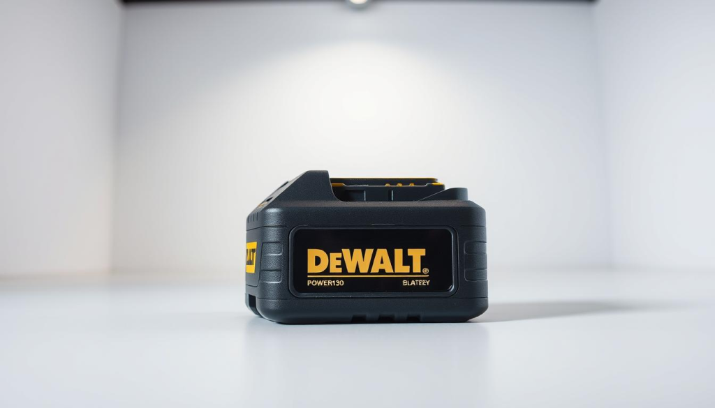 A close-up shot of a DeWalt power tool battery in a well-lit, modern studio setting. The battery is positioned prominently in the center of the frame, showcasing its sleek, durable design with the DeWalt logo clearly visible. The background is a clean, white surface, allowing the battery to stand out. Soft, diffused lighting from above and the sides creates subtle shadows, highlighting the battery's contours and emphasizing its solid construction. The angle is slightly elevated, giving the viewer a clear, unobstructed view of the battery's top and sides. The overall mood is professional, practical, and designed to showcase the battery's quality and reliability.