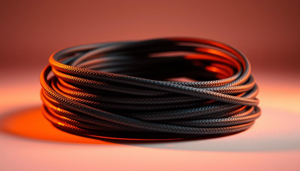 A close-up shot of a Dewalt 0.080 trimmer line, illuminated by warm, diffused studio lighting. The line is coiled and positioned to emphasize its robust, durable construction, with a sharp focus on the intricate textures and grooves that contribute to its exceptional strength and longevity. The background is a clean, neutral color, allowing the trimmer line to be the central focal point, showcasing its resilience and suitability for reliable lawn maintenance.