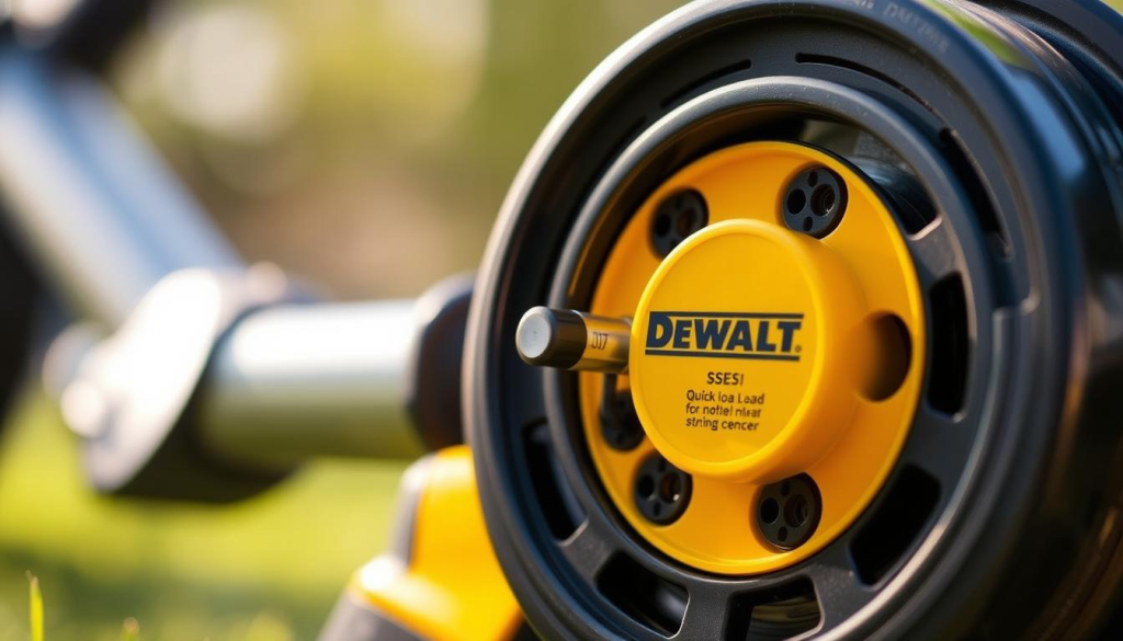A close-up shot of a Dewalt string trimmer spool, showcasing its distinctive features. The spool is positioned in the foreground, with a crisp, well-lit composition. The spool's design and construction are clearly visible, highlighting the quick-load mechanism that allows for hassle-free line replacement. The background is blurred, keeping the focus on the spool's details. The lighting is natural and warm, creating a clean, professional aesthetic that would suit the "Comparing Dewalt Quick Load Spool to Other Brands" section of the article.