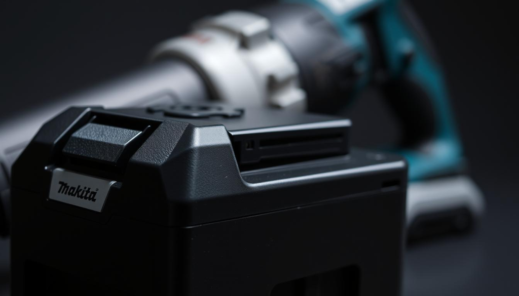 A close-up shot of a Makita 18V battery pack, its sleek black casing shimmering under soft studio lighting. The battery's terminals are visible, hinting at the electrical power within. In the background, a blurred but recognizable Makita power tool, suggesting the battery's intended use. The composition emphasizes the battery's form and function, conveying a sense of reliable performance and durability. The overall mood is one of technical precision and practical utility, setting the stage for a discussion of Makita battery maintenance and troubleshooting.