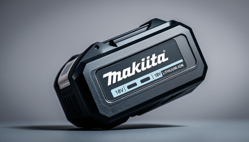 A close-up shot of a Makita 18V lithium-ion battery pack, showcased against a neutral gray background. The battery has a sleek, angular design with a textured surface and the Makita logo prominently displayed. The lighting is soft and diffused, creating a clean, professional look. The image is captured at a medium angle, highlighting the battery's sturdy construction and high-capacity capabilities. The overall mood is one of reliability, power, and technical precision, reflecting the battery's position as a top choice for demanding power tool applications.