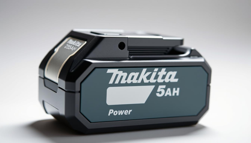 A close-up shot of a Makita 5Ah lithium-ion battery pack against a clean, white background. The battery has a sleek, modern design with the Makita logo prominently displayed. The surface reflects the light, giving the battery a premium, high-quality appearance. The lighting is soft and diffused, highlighting the battery's depth and contours. The perspective is slightly angled, allowing the viewer to appreciate the battery's dimensions and form factor. The image conveys the power, durability, and reliability of the Makita 5Ah battery, making it an ideal choice for heavy-duty power tool applications.