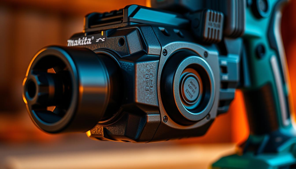 A close-up shot of a Makita Maktrak power tool, showcasing its robust and durable construction. Illuminated by warm, directional lighting, the tool's rugged casing, impact-resistant housing, and reinforced components are prominently displayed. The lens captures the tool's weight, heft, and solid feel, conveying a sense of reliability and longevity. The background is softly blurred, allowing the tool to be the central focus, emphasizing its durability as a key feature of the Maktrak cordless tool system.