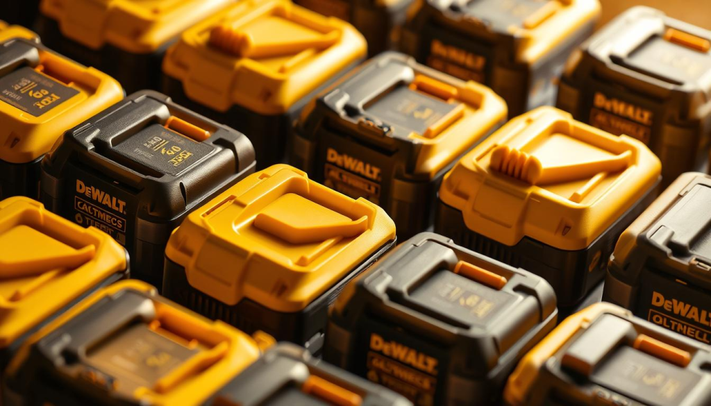 A close-up shot of a collection of DeWalt cordless power tool batteries arranged in a grid-like pattern, illuminated by a warm, directional light source. The batteries are depicted in a realistic, detailed manner, showcasing their distinctive yellow and black color scheme, as well as the intricate textures and contours of the battery housings. The image conveys a sense of technical precision and the high-quality engineering associated with the DeWalt brand, hinting at the battery's cross-compatibility and interchangeability across the company's diverse range of power tools.