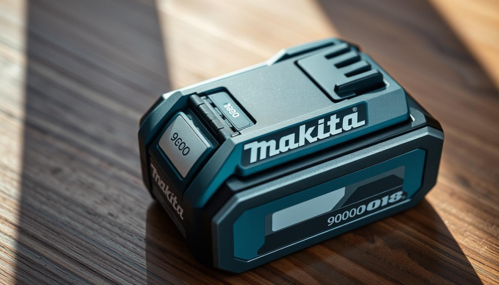 A close-up shot of a durable Makita 9000 battery pack, resting on a wooden surface. The battery has a sleek, modern design with a vibrant blue casing, reflecting the brand's signature color. The sturdy construction and prominent Makita logo convey a sense of reliability and quality. Soft, directional lighting casts subtle shadows, highlighting the battery's rugged texture and attention to detail. The image exudes a sense of dependability and premium craftsmanship, perfectly capturing the essence of the Makita 9000 battery and its suitability for demanding tool applications.