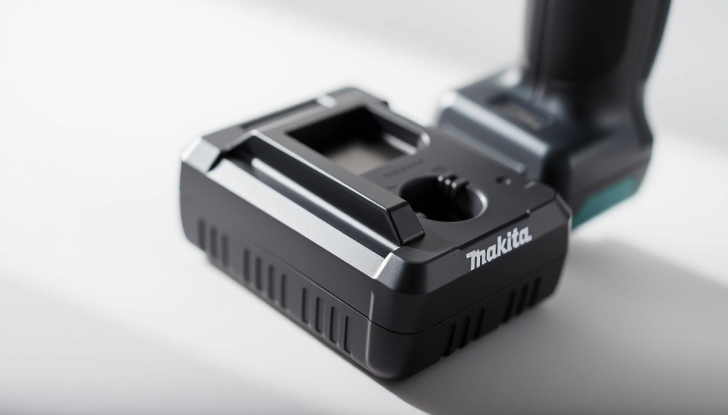 A close-up shot of a genuine Makita 18V battery charger, showcased against a soft, diffused backdrop. The charger is crafted with a sleek, black matte finish, its contours and edges precisely defined by soft, directional lighting. The front panel displays the Makita logo prominently, while the charging ports are clearly visible, inviting the viewer to imagine the reliable power delivery. The scene conveys a sense of quality, durability, and attention to detail - attributes that embody the benefits of using an authentic Makita charging solution.